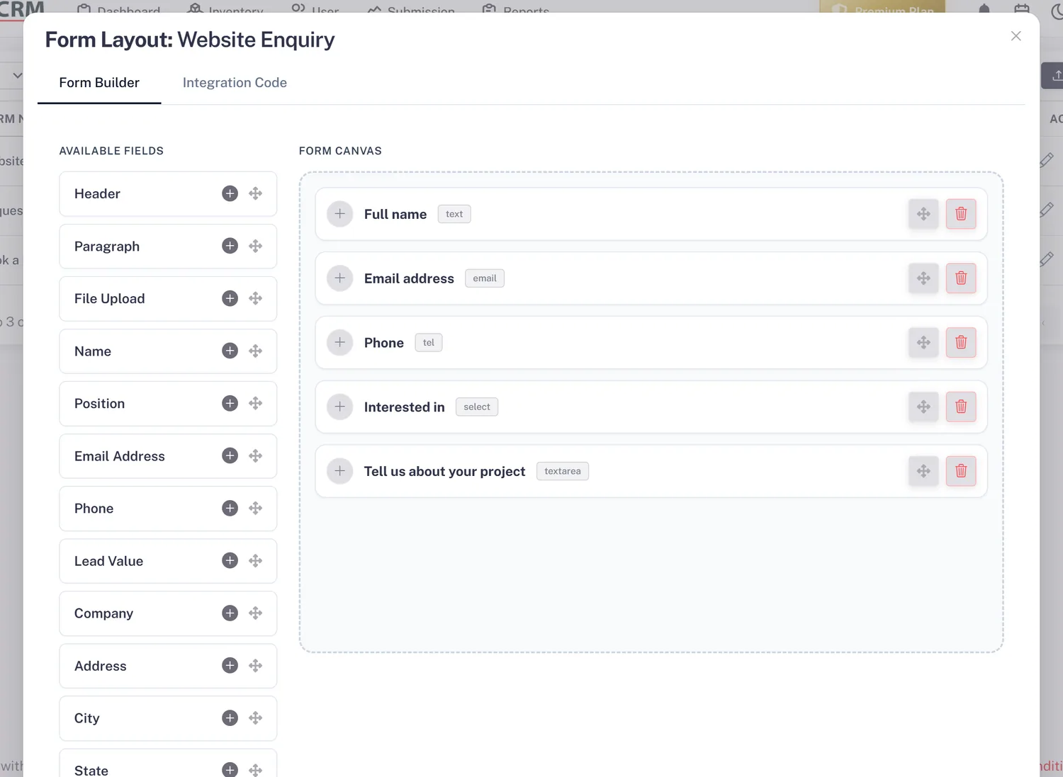 AliveCRM form builder: drag fields from the palette onto the form canvas